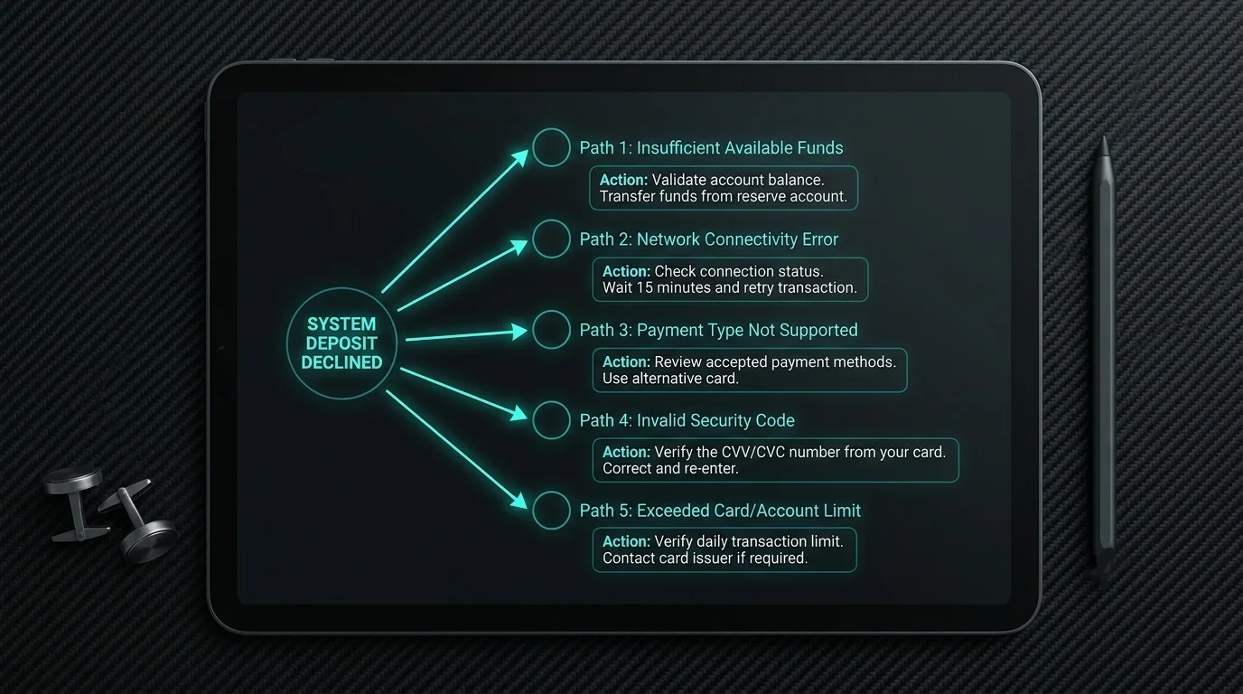 Five-minute diagnostic flowchart for identifying the cause of a declined PayID deposit on a dark editorial dashboard