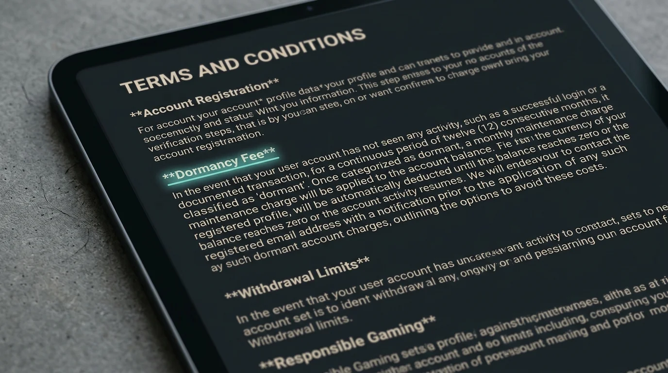 Online casino terms and conditions page with a dormancy fee clause highlighted under monthly account charges