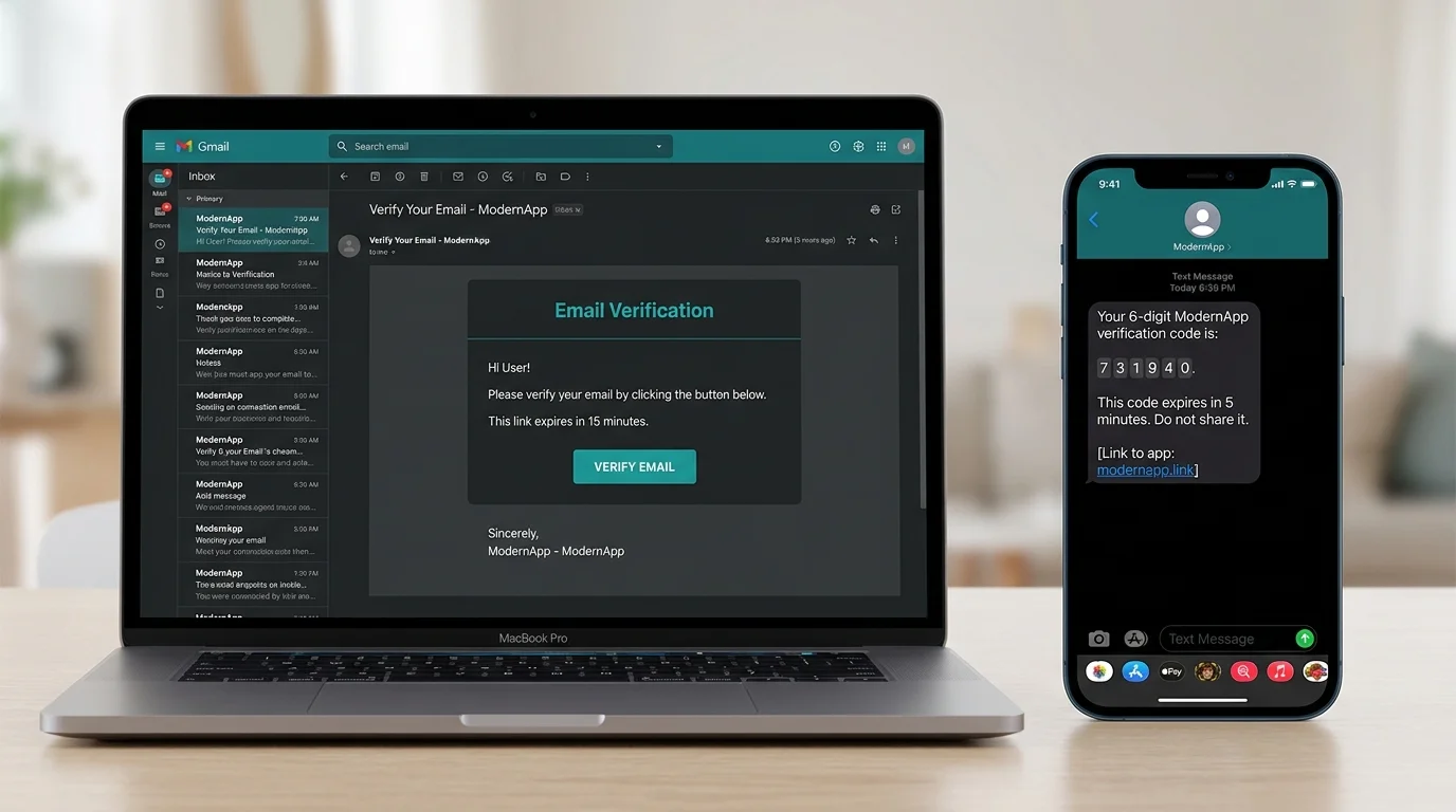 Side-by-side smartphone and laptop screens showing an email confirmation link and an SMS code being verified