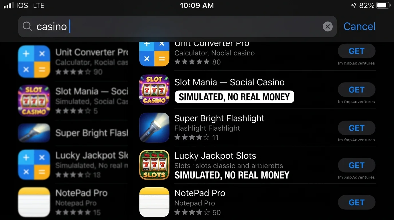 App store search results showing no real-money casino apps available for an Australian user account