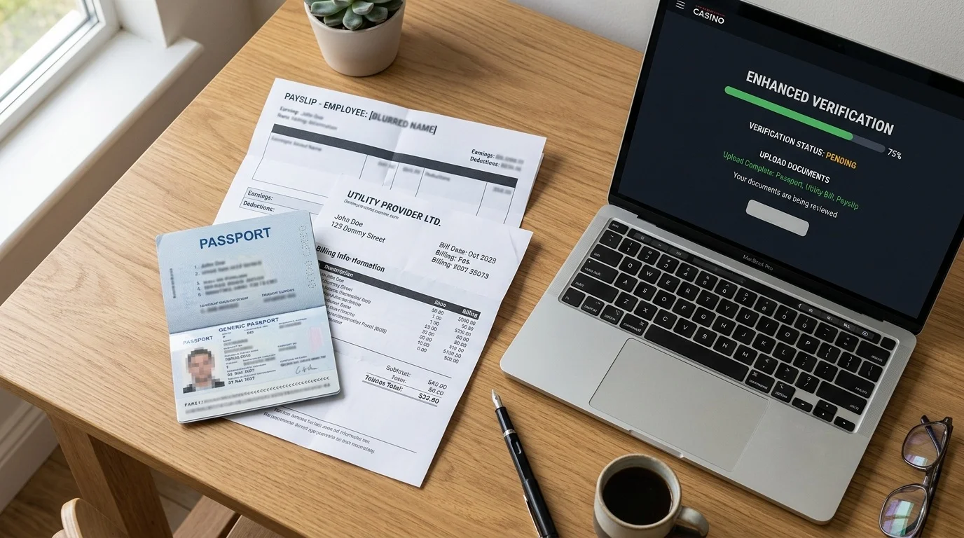 Enhanced KYC document pack including photo ID, proof of address and source of funds laid out on a desk
