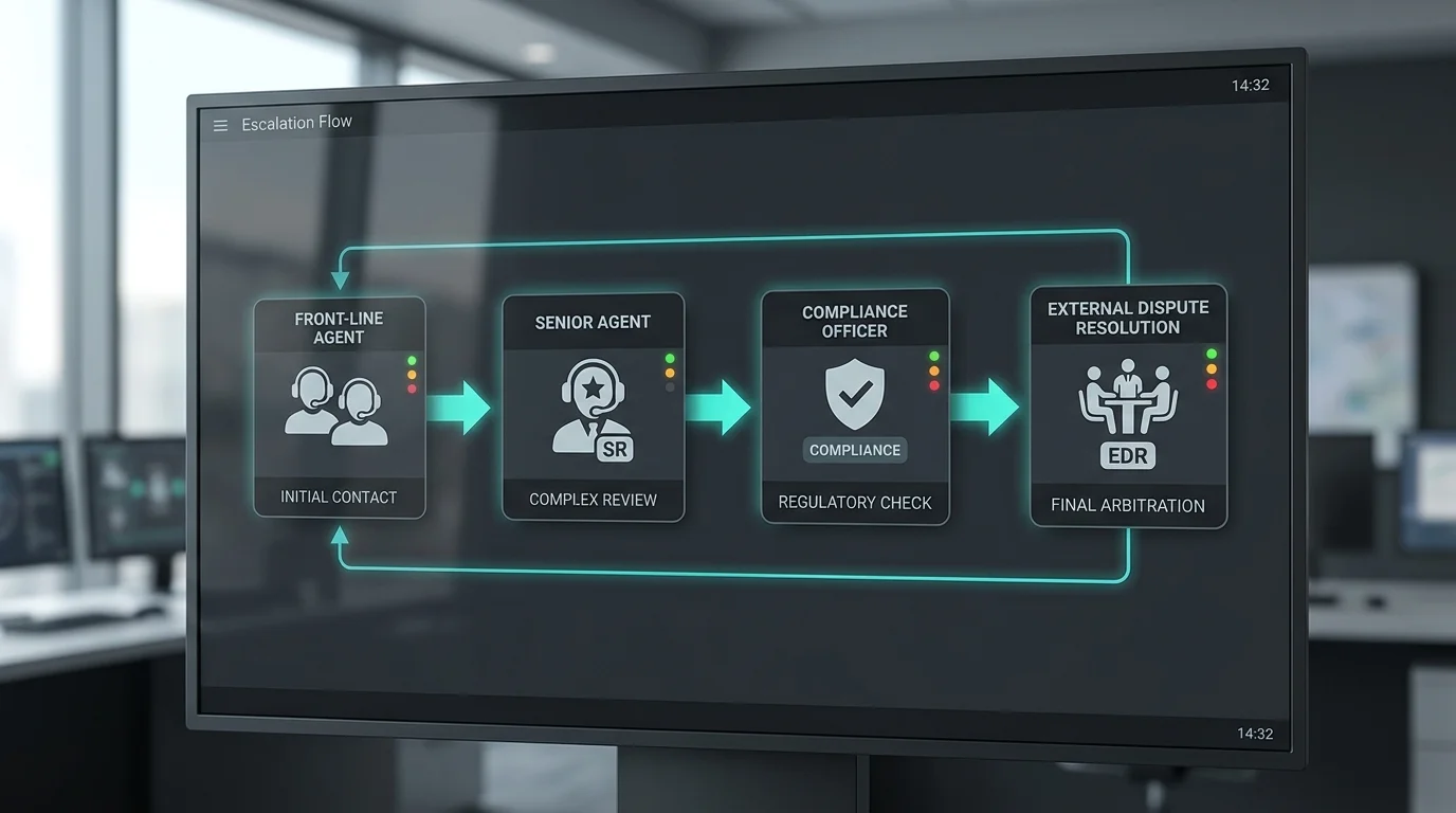 Escalation flow diagram from front-line chat agent up to compliance officer and external dispute resolution