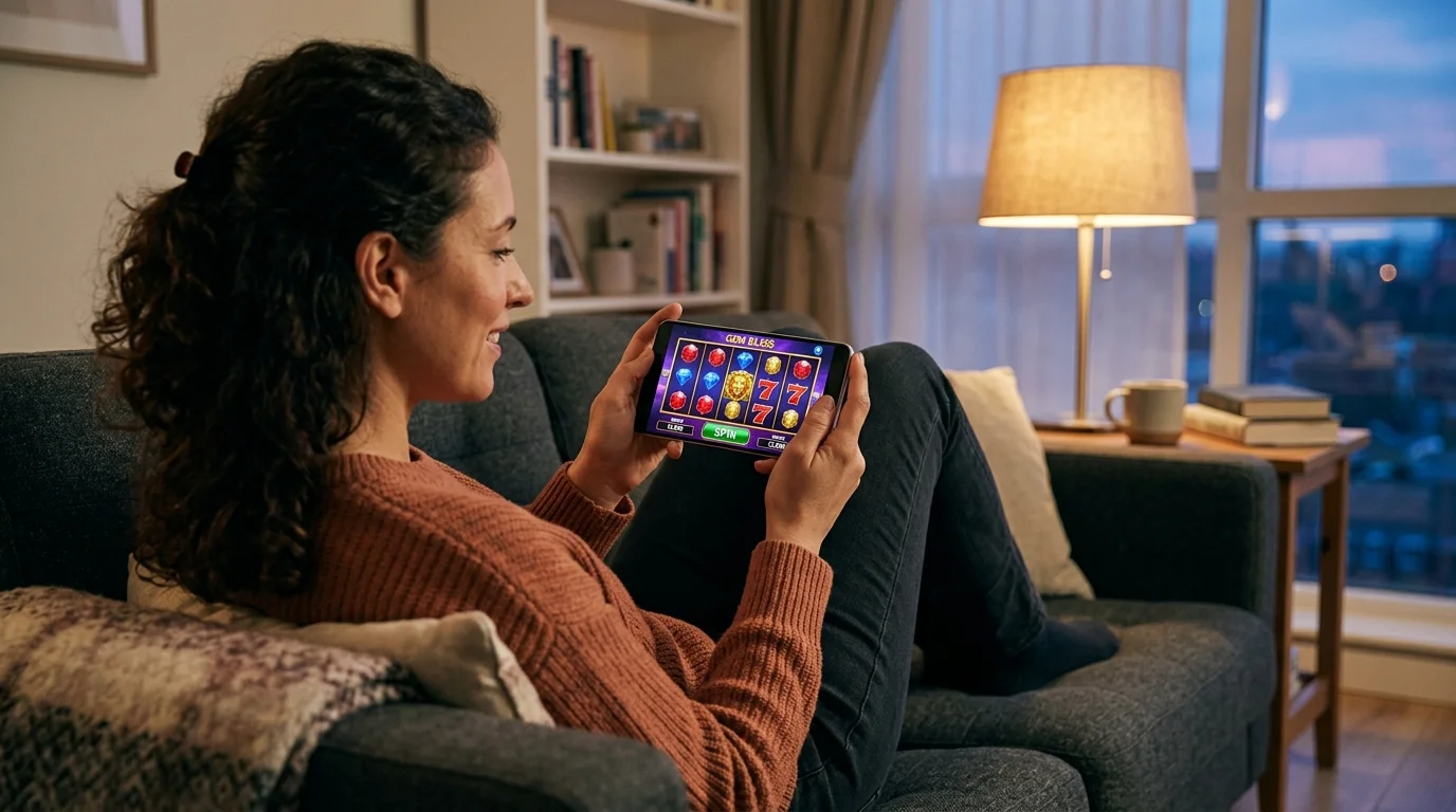 Adult player relaxing on a sofa using a smartphone to spin a pokie inside a casino PWA in the evening