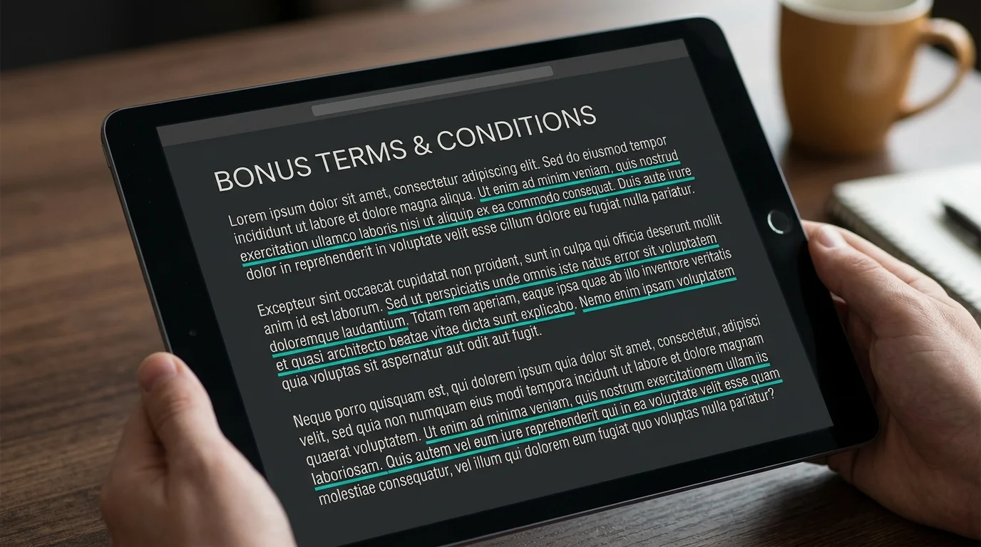 Bonus terms fine print on a tablet with key voiding clauses highlighted in teal underlines for clarity
