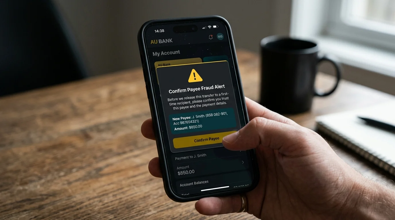 Banking app fraud verification prompt asking the user to confirm a new casino payee before releasing a PayID transfer