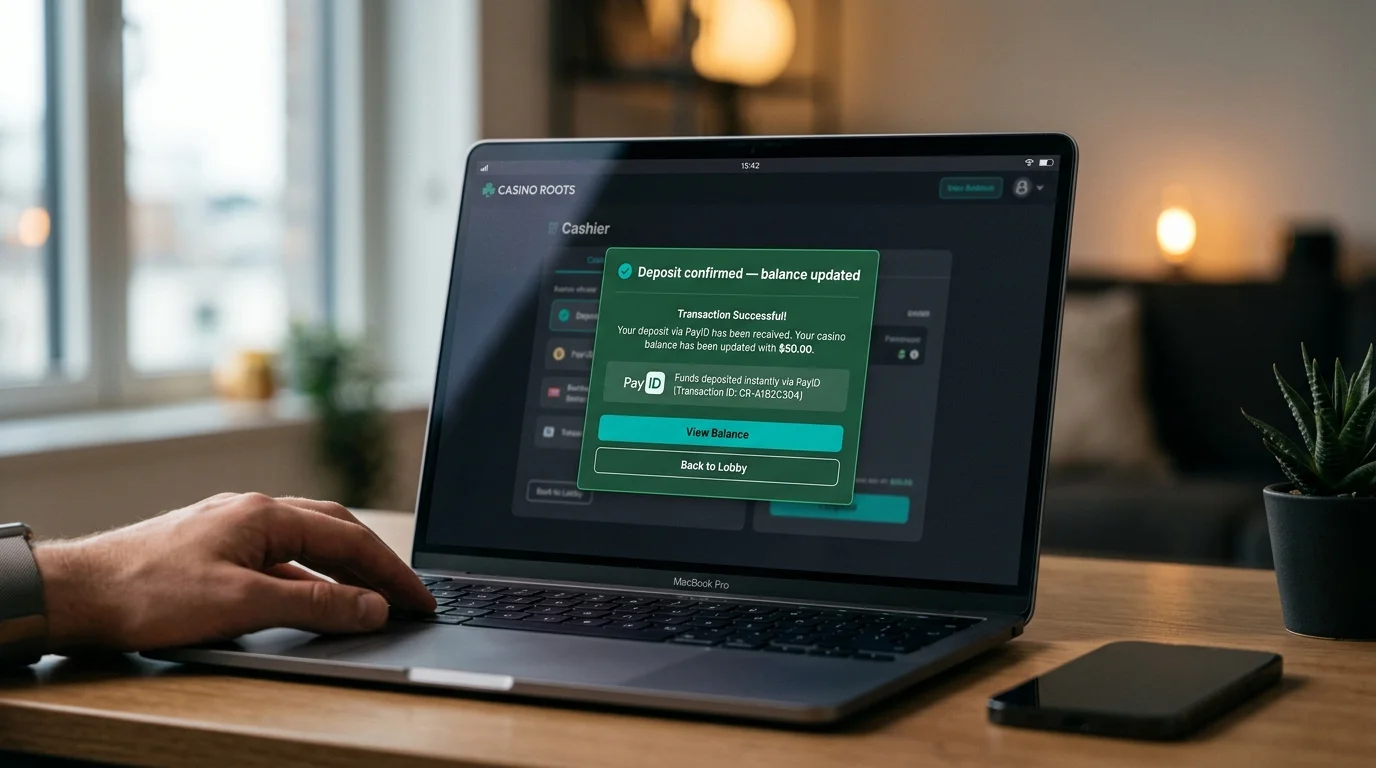 Casino cashier confirmation screen showing the first PayID deposit successfully credited to the new player balance