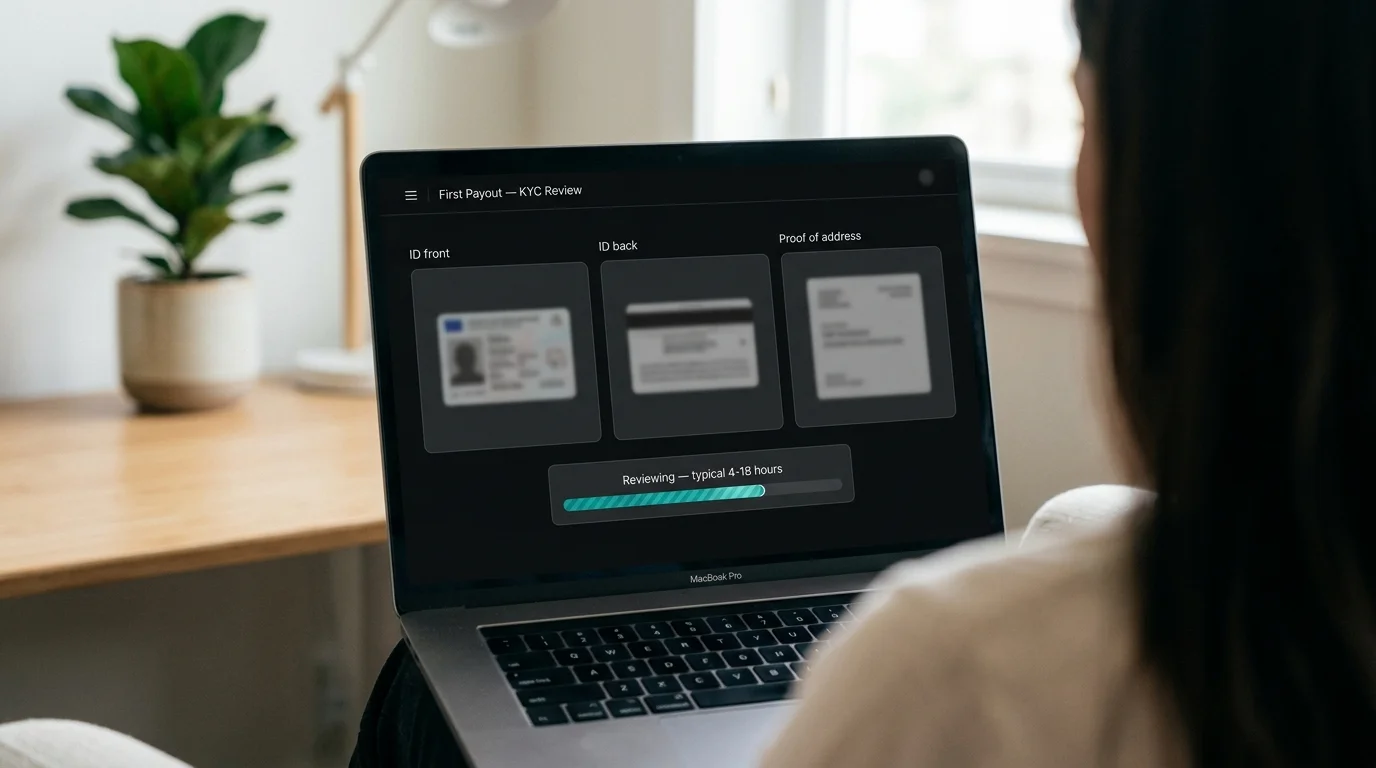 First payout KYC document review screen with identity verification steps