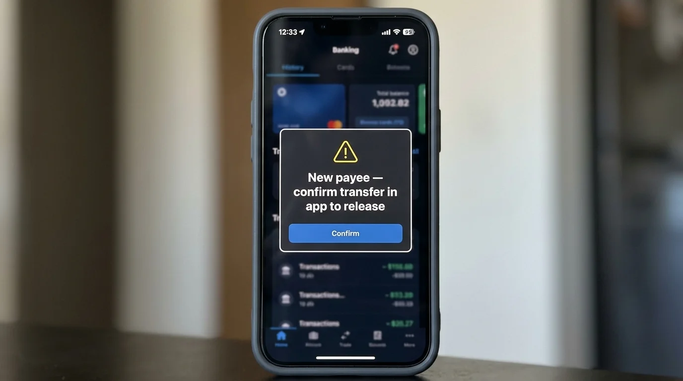 Banking app fraud overlay hold message with instructions to confirm a new casino payee on a smartphone