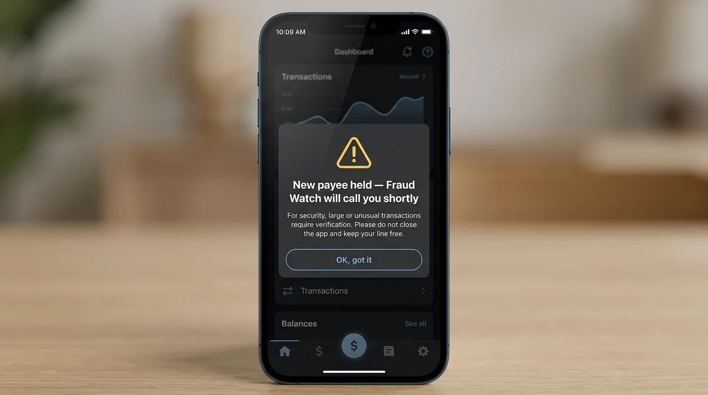 Banking app Fraud Watch modal warning of a held transfer pending a callback for first-time casino payee verification
