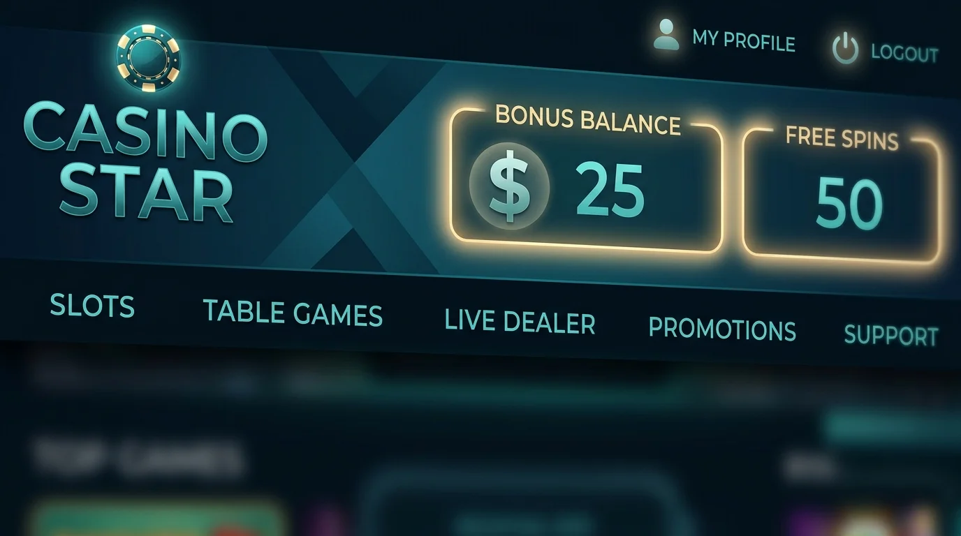 Casino lobby header showing a free chip bonus balance and a free spin count after redemption