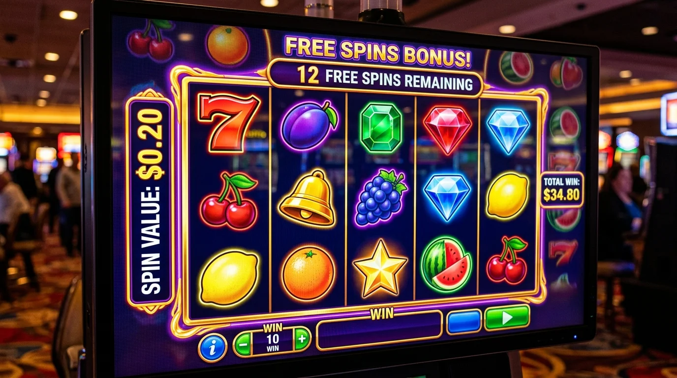 Slot game showing a fixed per-spin stake of twenty cents during a free-spins bonus round