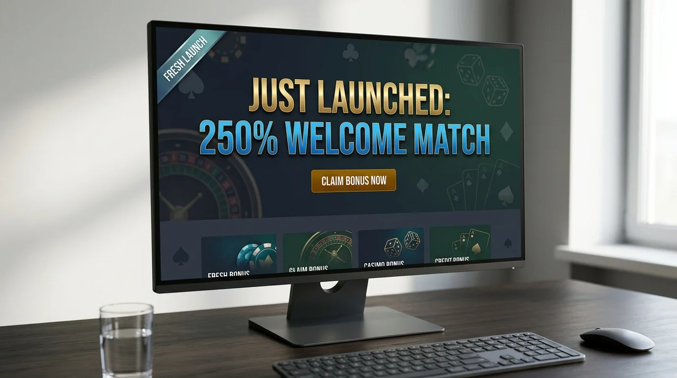 Bold welcome banner of a freshly launched online casino offering an aggressive match bonus on the home page