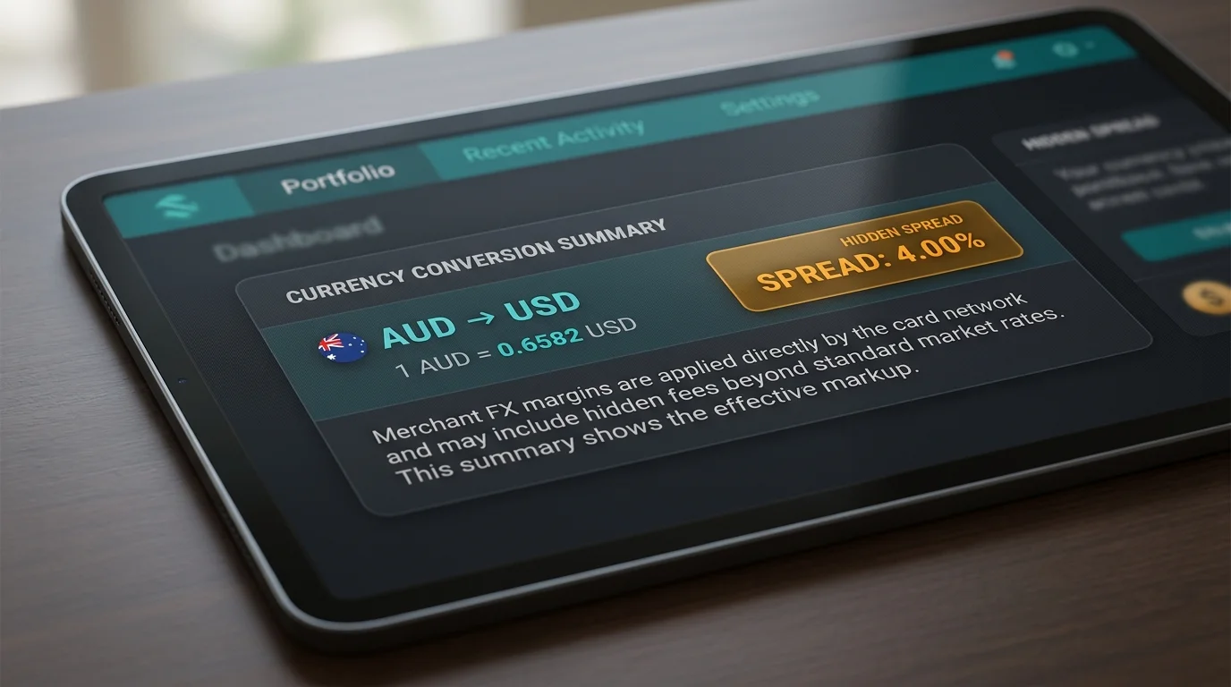 Currency conversion dashboard panel showing a hidden 4 percent spread between AUD deposit and USD cashier balance