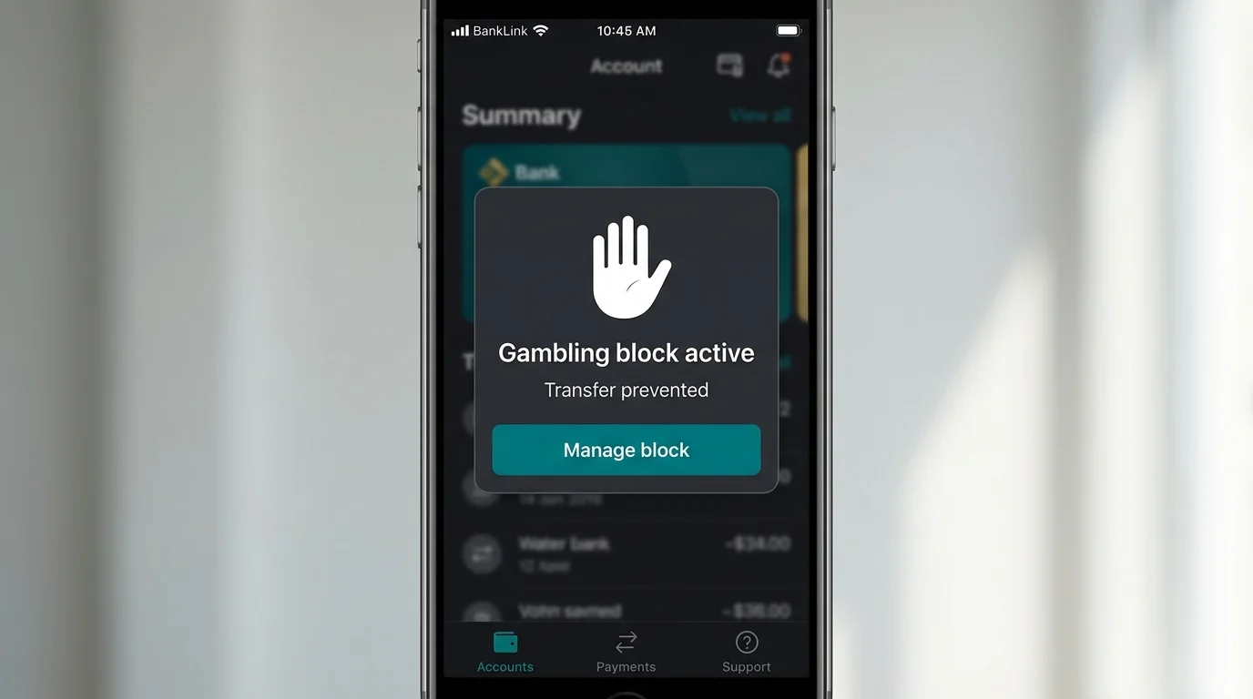 Banking app modal explaining that the gambling block has prevented a PayID transfer to a merchant
