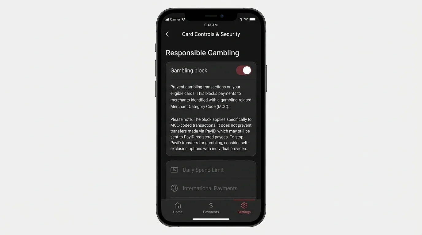 Banking app responsible-gambling settings showing the MCC merchant block toggle and a note about PayID payee coverage