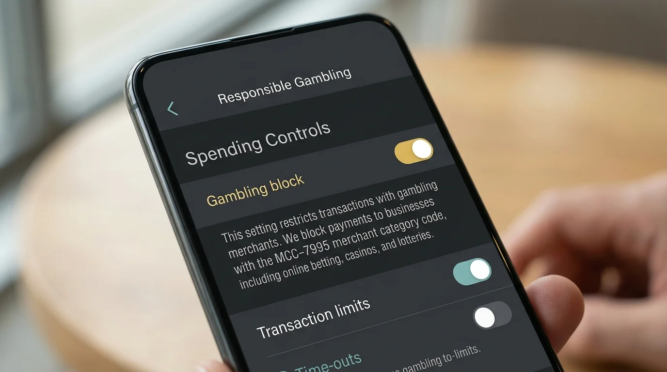 Banking app gambling block setting toggled on with informational copy beneath about MCC-7995 transactions