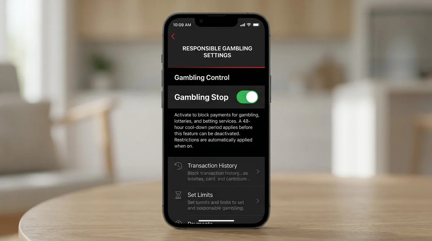 Banking app responsible-gambling toggle labelled Gambling Stop switched on with cool-down information beneath