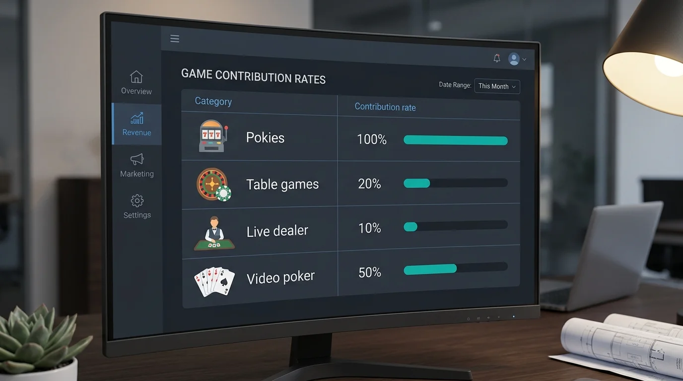 Game contribution rate grid showing pokies, table games and live dealer percentages toward wagering on a dark dashboard