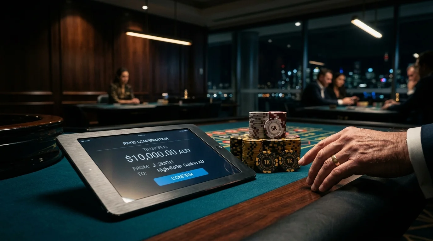 Elegant high-stakes casino table with high-denomination chips and a PayID confirmation prompt on a tablet beside the felt