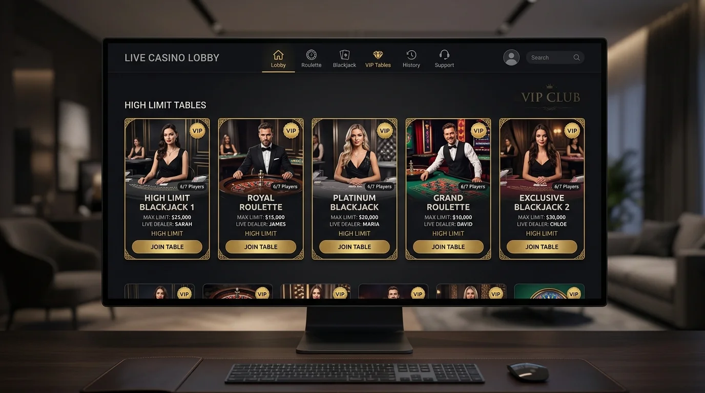 High-stakes table selection in an online live casino lobby with VIP blackjack and high-limit roulette tables featured