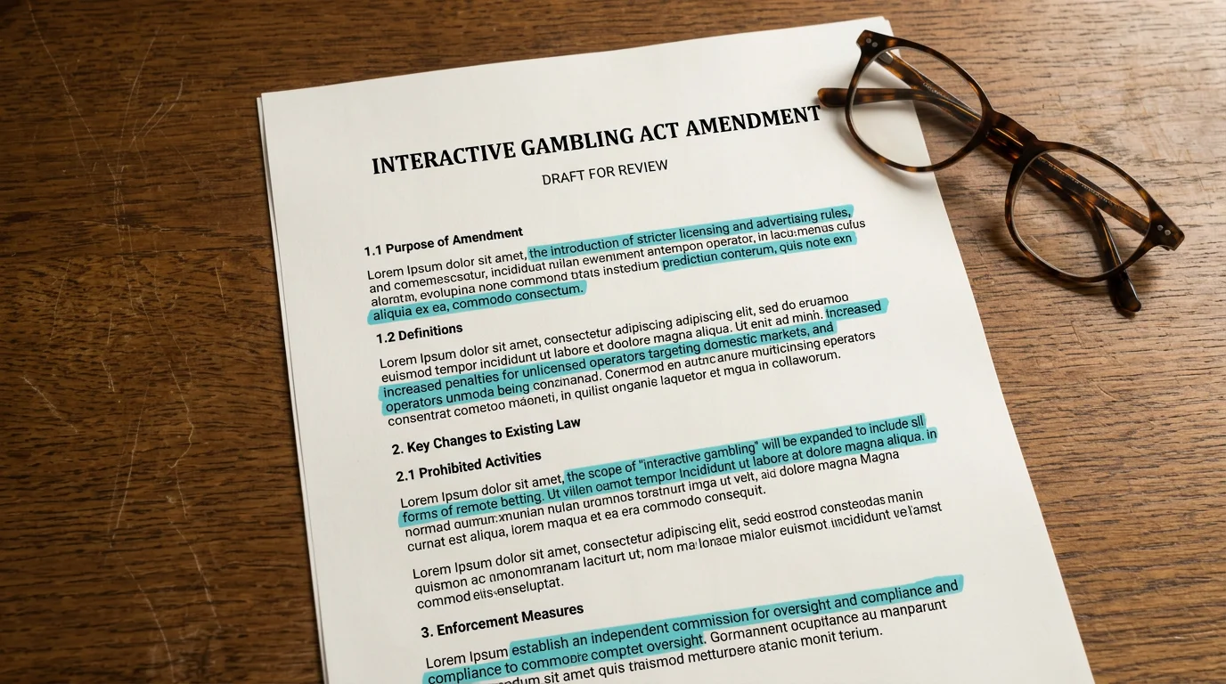 Printed Interactive Gambling Act amendment document on a clean desk with key clauses highlighted in teal marker