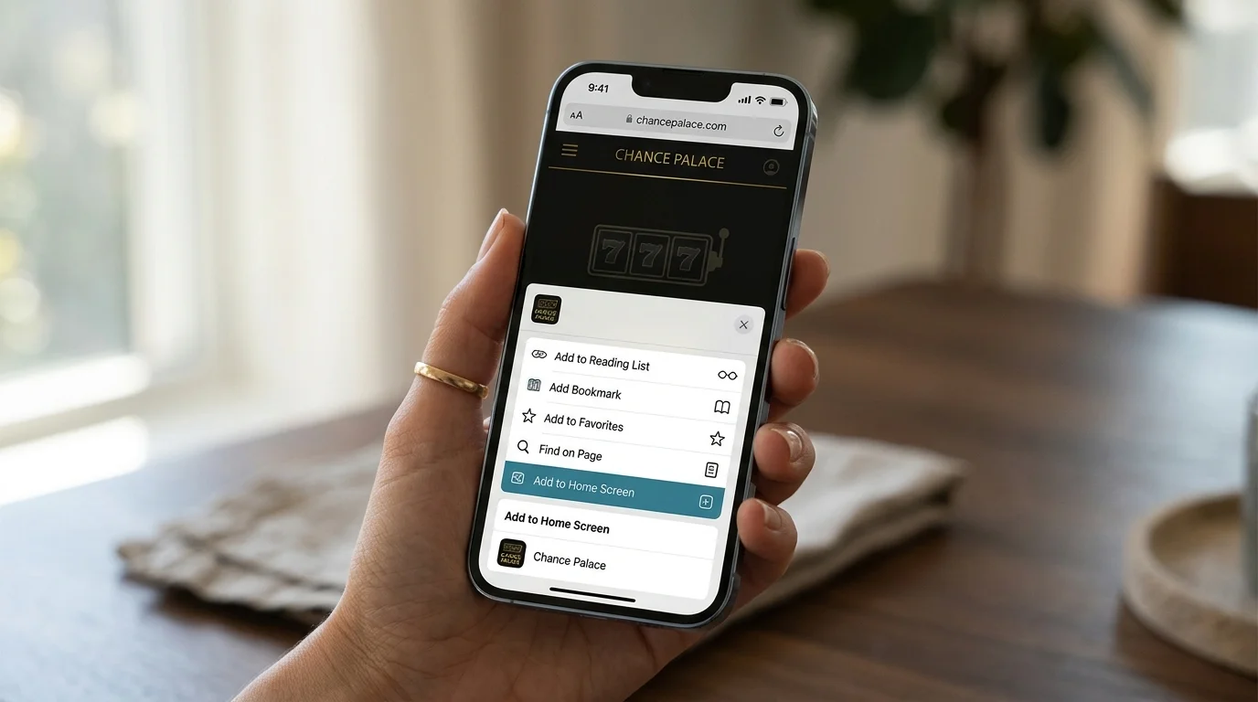 iPhone Safari share sheet open showing the Add to Home Screen option highlighted for installing a casino progressive web app