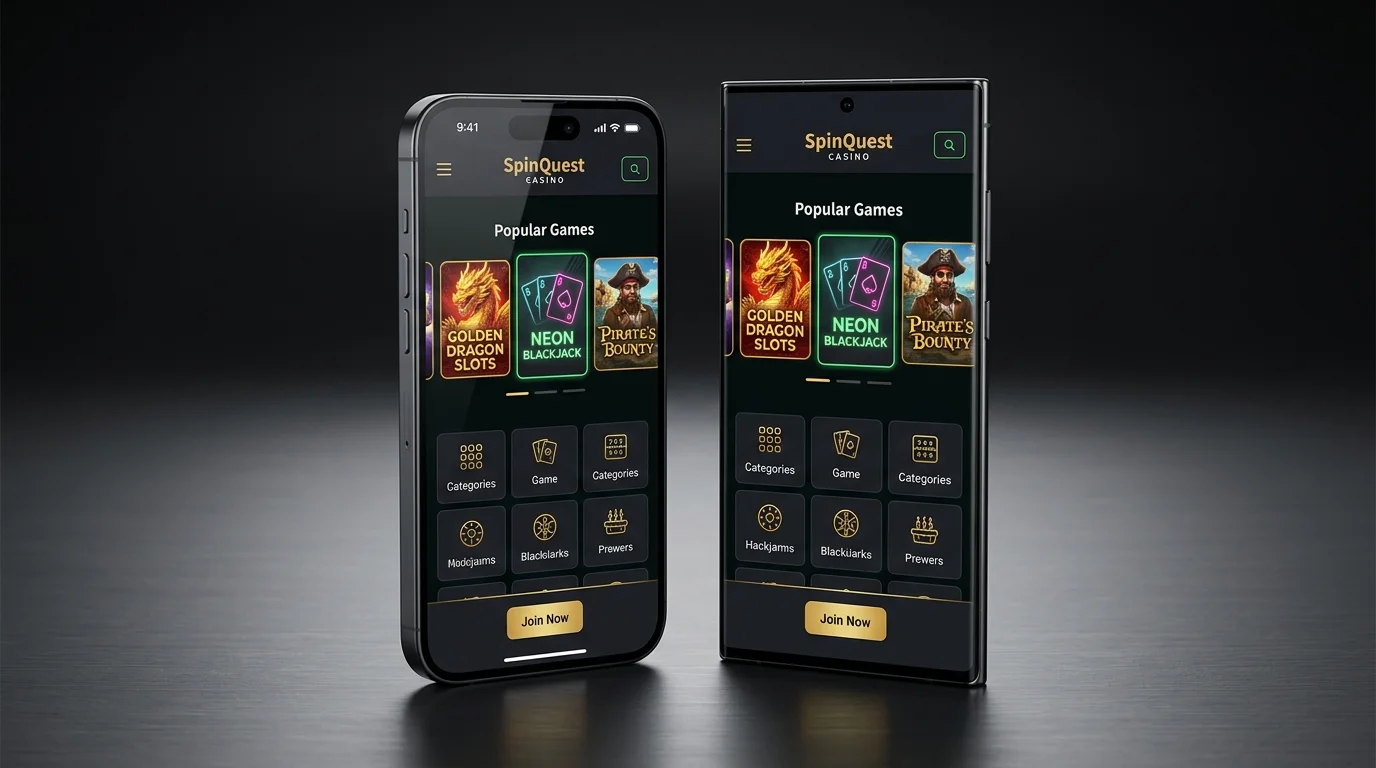 iPhone and Android phone side by side showing the same casino progressive web app interface in landscape mode