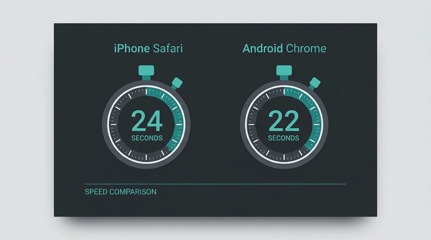 Side-by-side stopwatch comparison of PayID deposit cycle timing on iPhone Safari versus Android Chrome on a dashboard