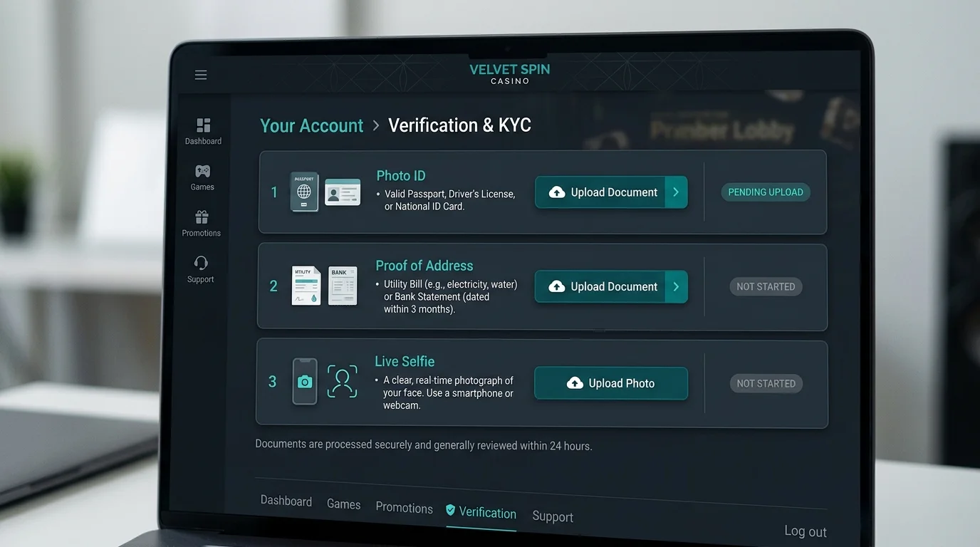KYC document checklist showing photo ID, proof of address and selfie verification rows on a casino account page