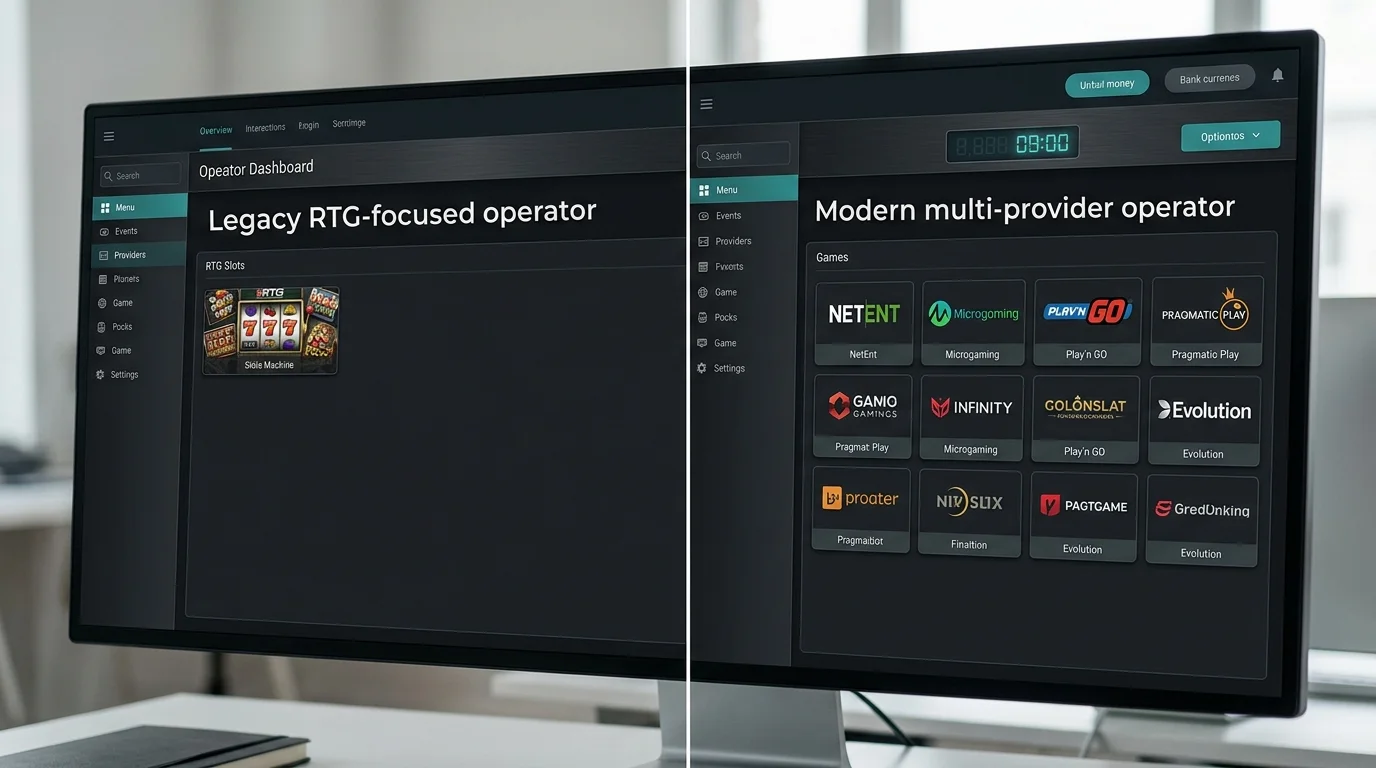 Editorial split panel comparing legacy RTG-focused operators with modern multi-provider casinos on a dark dashboard