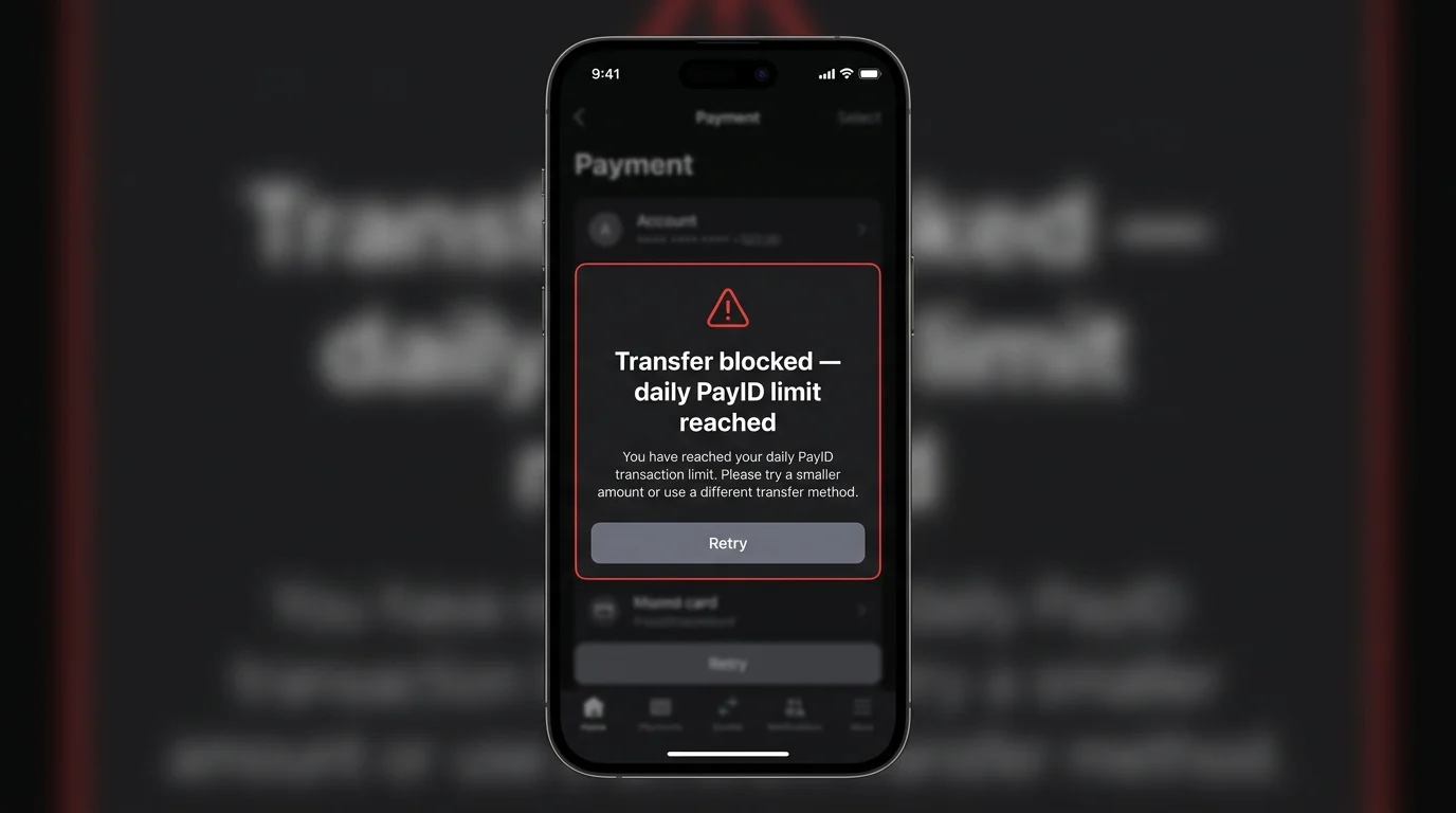 Banking app error message indicating that the daily PayID transfer limit has been exceeded for the user
