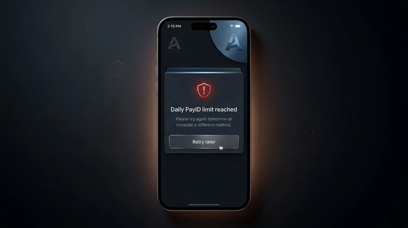 Banking app error message showing the daily PayID limit has been reached after a recent transfer attempt