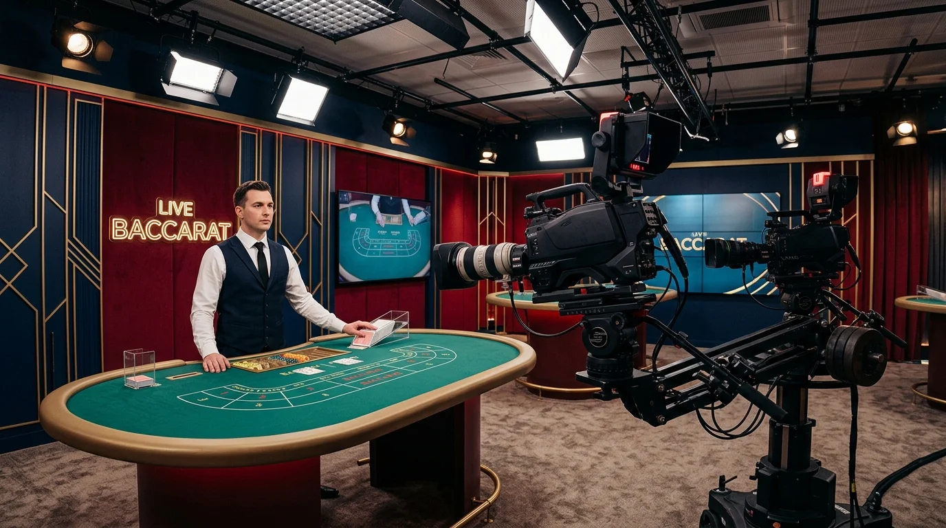 Live dealer studio interior with multiple cameras around a baccarat table and a croupier in formal attire
