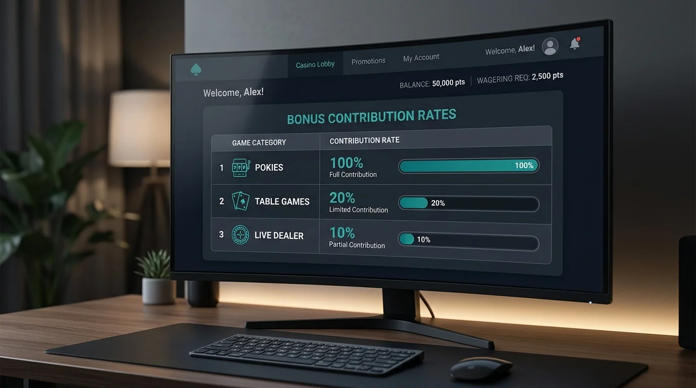 Bonus contribution rate table showing live dealer games at ten percent against pokies at one hundred percent on a dark dashboard