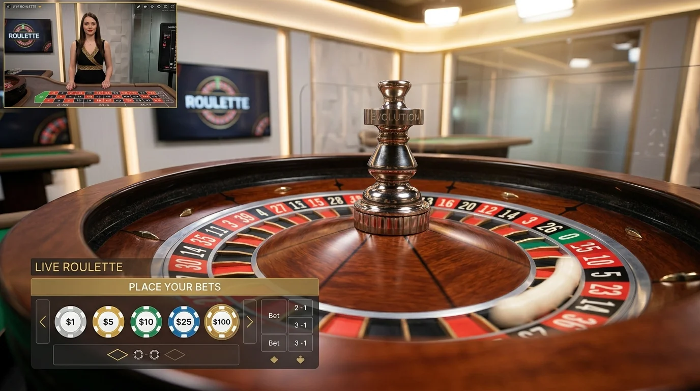 Live roulette wheel mid-spin in an Evolution-style broadcast studio with overlay bet panel on a desktop monitor