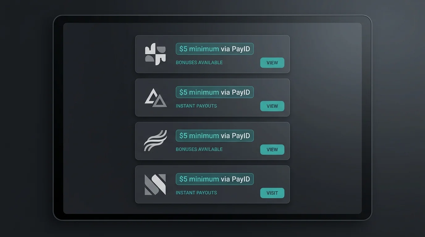 Compact list of online casinos accepting five-dollar PayID deposits with operator badges on a dark dashboard