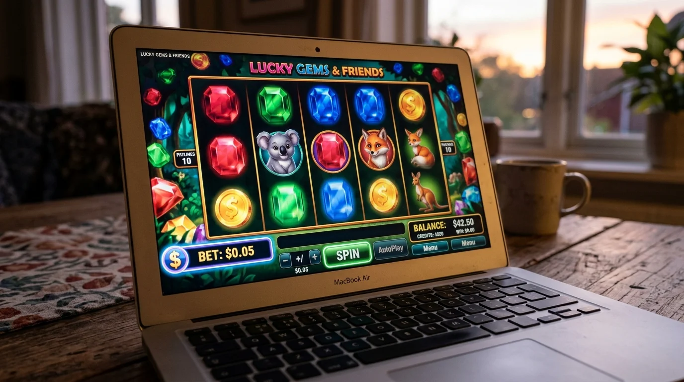 Low-stake pokie spinning at a five-cent per-spin value with the player balance counter visible on the side