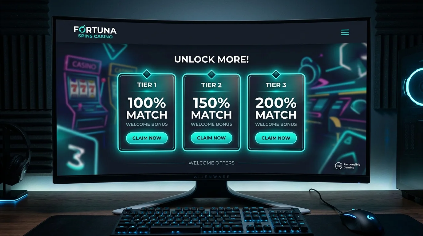 Three welcome match tier banners showing 100%, 150% and 200% bonus percentages on a dark casino landing page