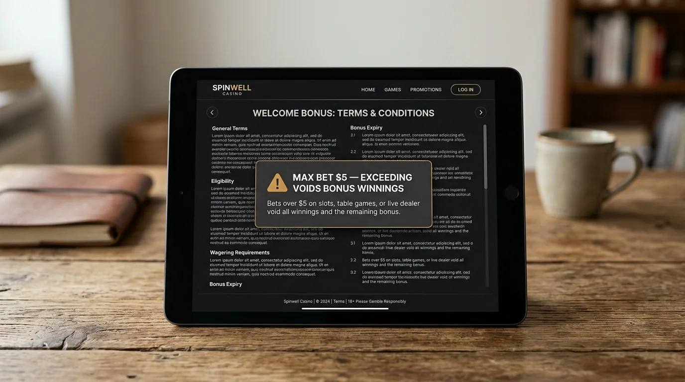 Casino bonus terms callout warning that exceeding the maximum allowed bet voids active bonus winnings
