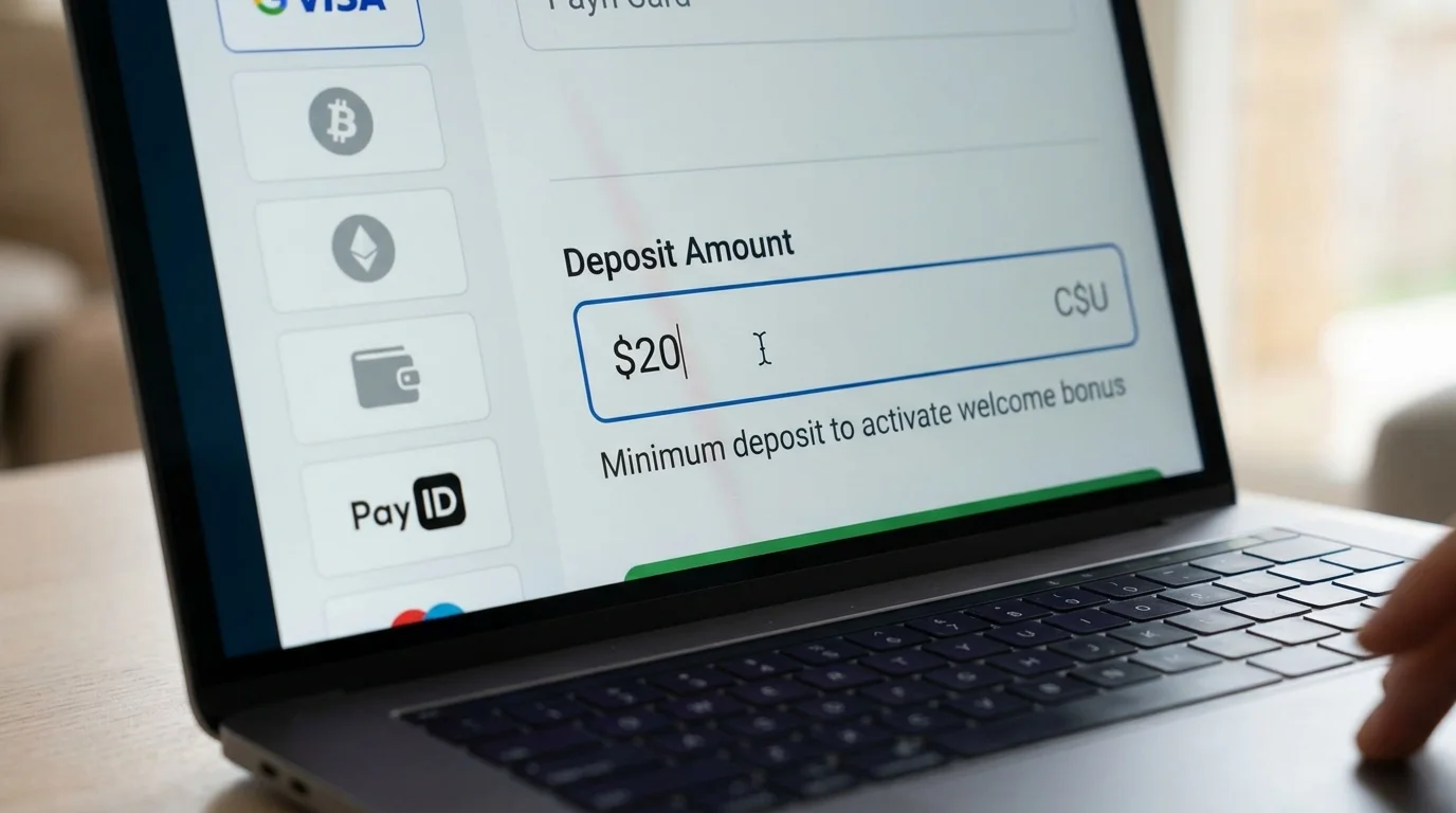 Online casino cashier deposit amount field with a minimum threshold note shown in dark interface