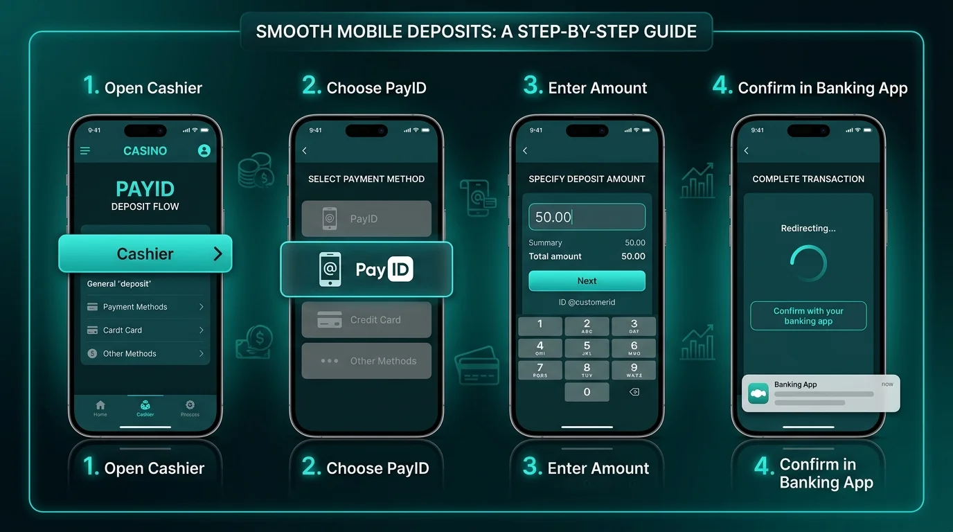 Vertical four-step illustration of a mobile casino cashier flow ending in a PayID confirmation prompt