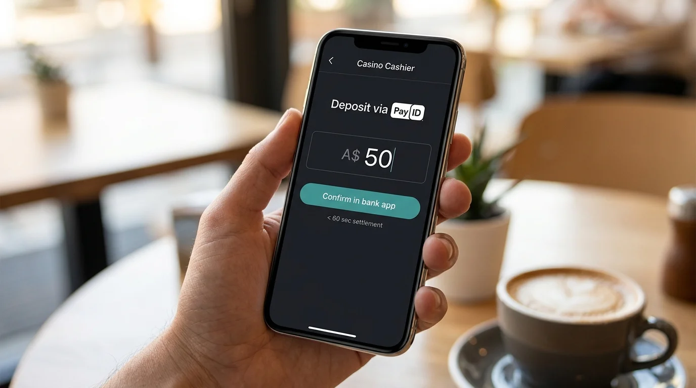 Mobile casino cashier with PayID deposit flow on smartphone screen