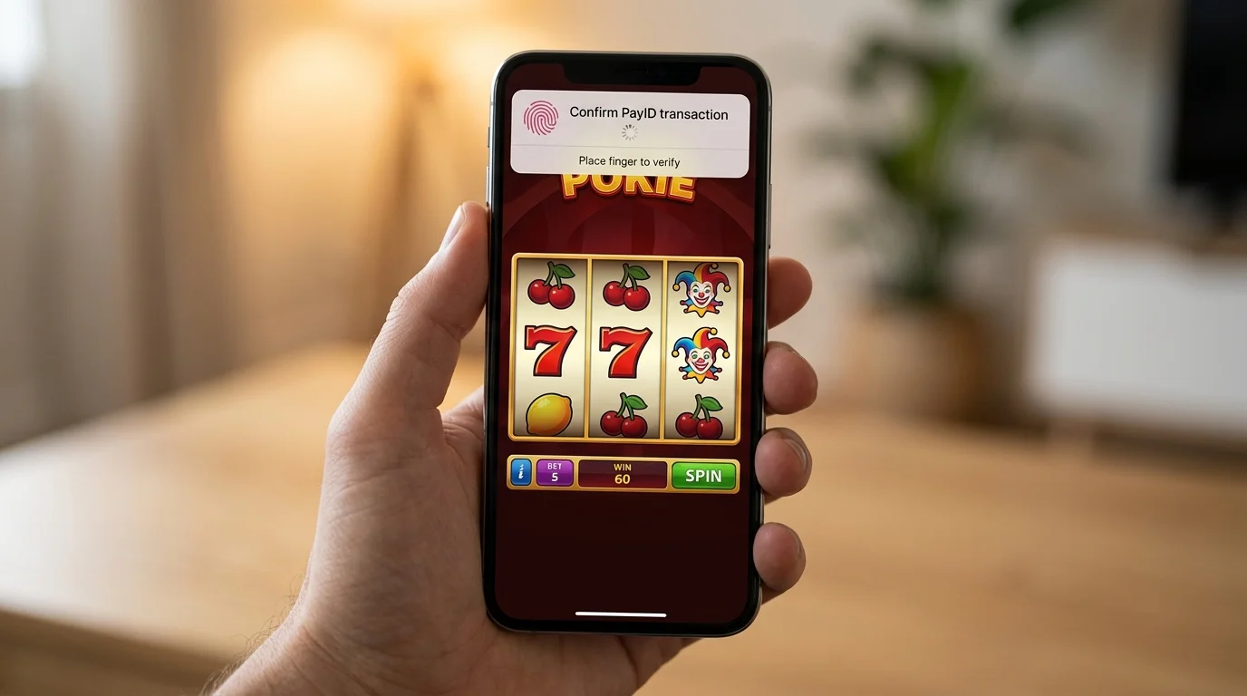 Smartphone in portrait mode showing an HTML5 pokie spinning with biometric PayID confirmation prompt