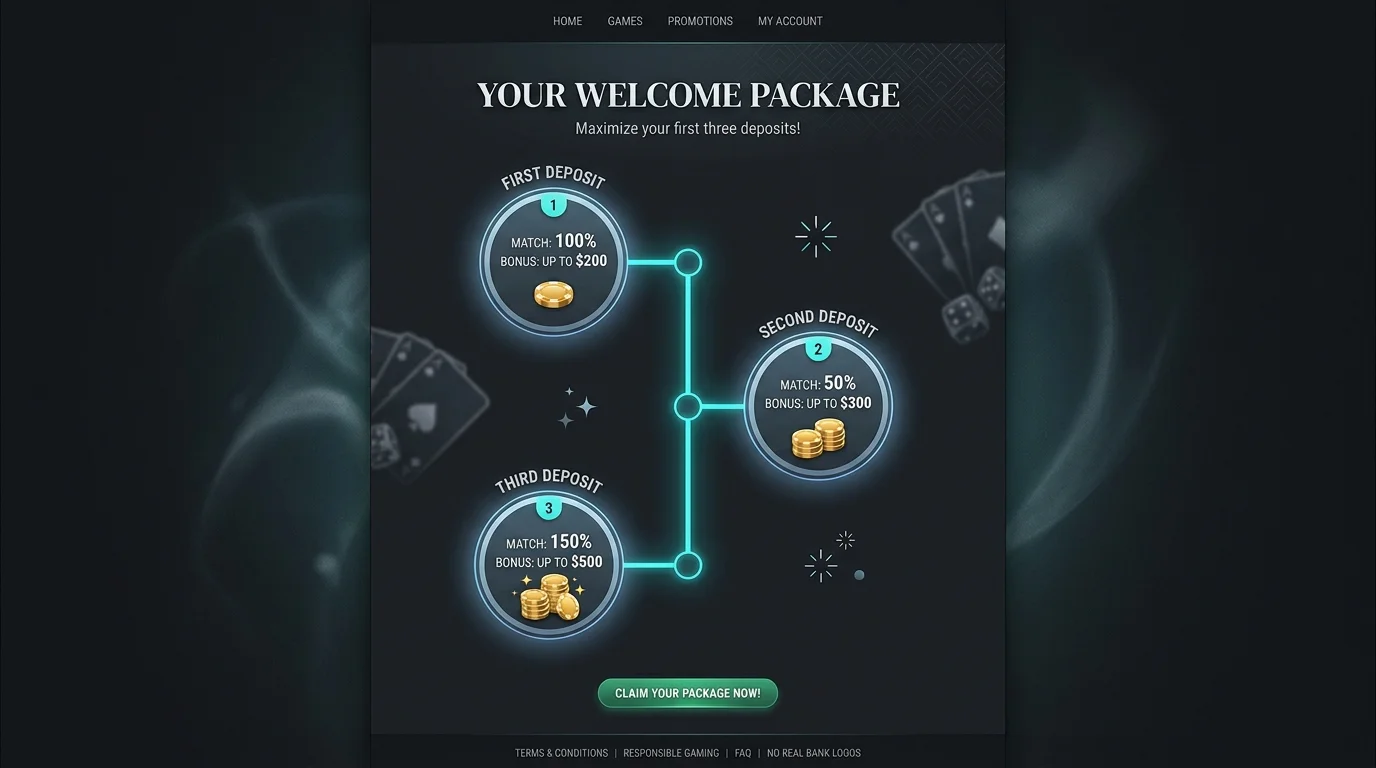 Multi-step welcome package timeline showing first, second and third deposit bonus rewards stacked vertically