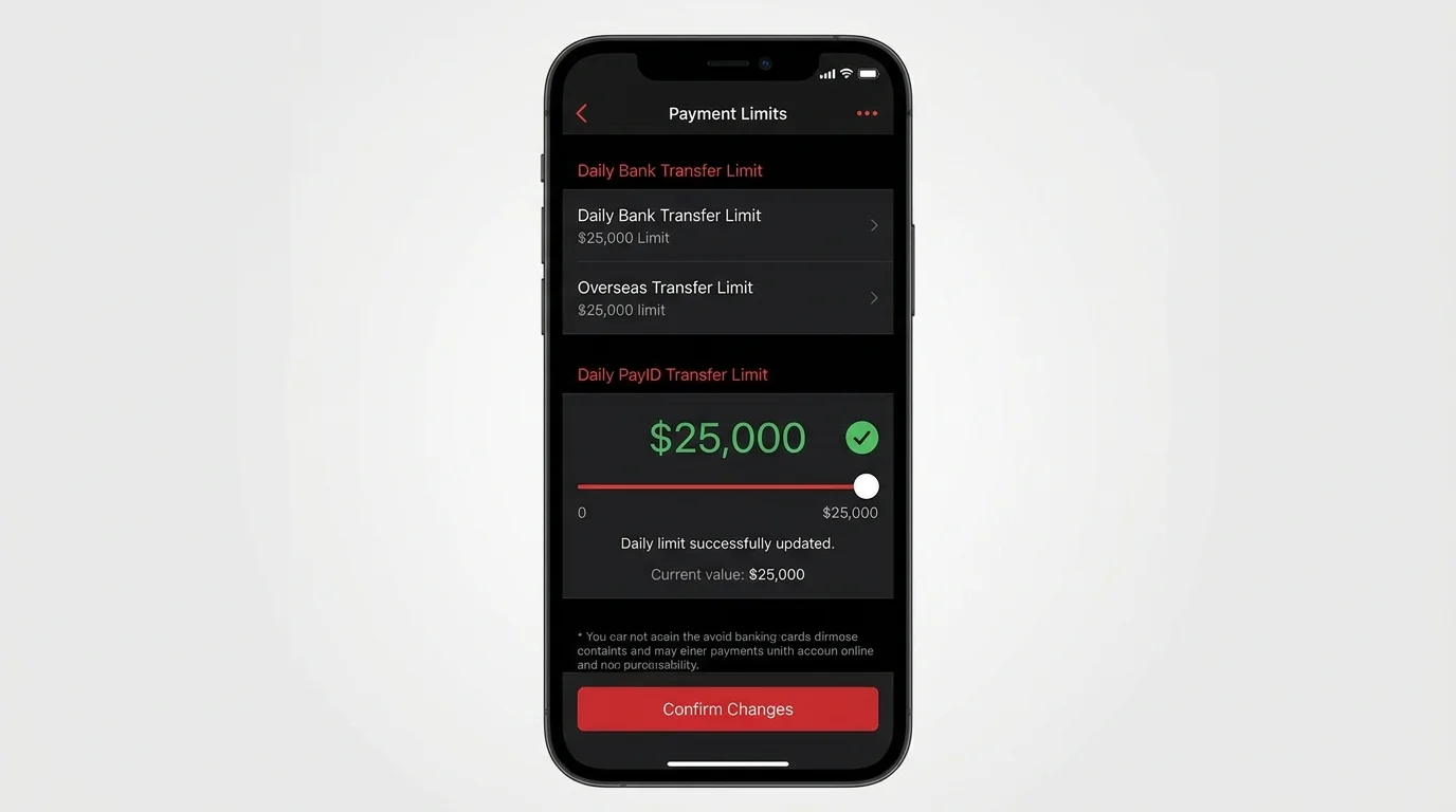 Banking app slider raising the daily PayID transfer cap to the maximum twenty-five-thousand-dollar tier