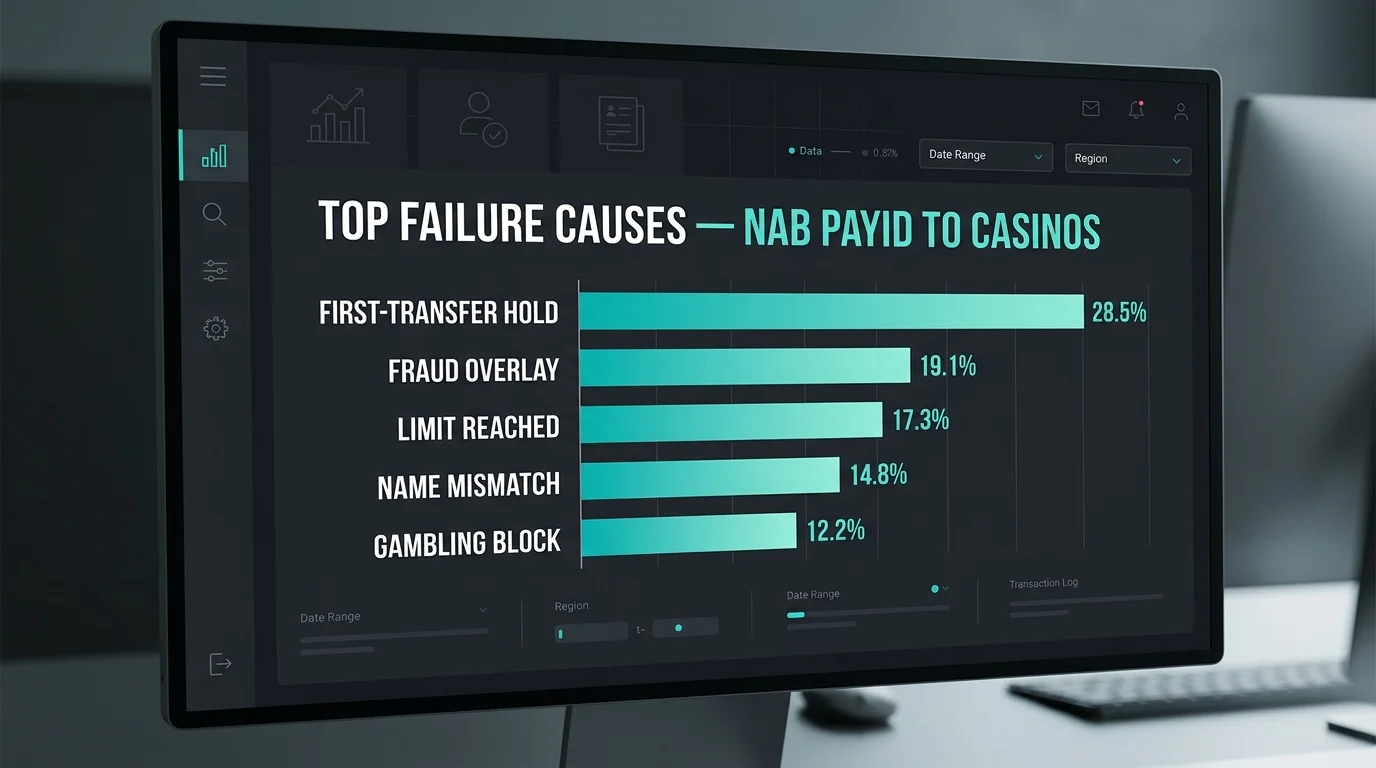 Frequency chart of top NAB PayID casino transfer failure reasons on a dark editorial dashboard