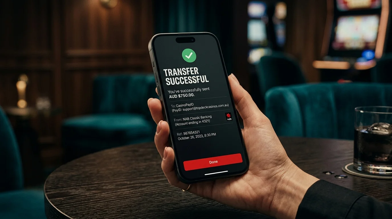 Generic Australian banking app PayID transfer confirmation screen with NAB-style red accents on a smartphone