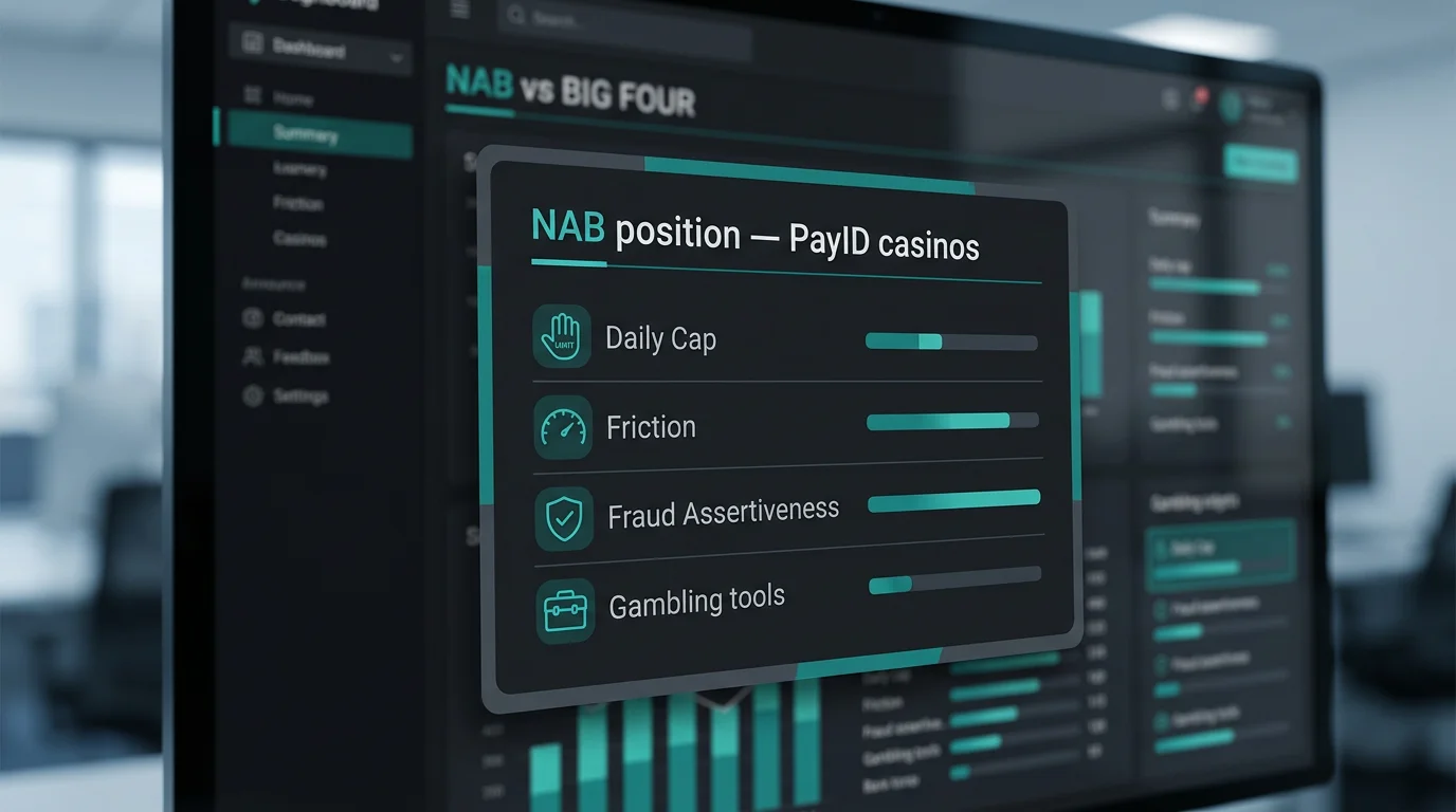 Summary card placing NAB among the Big Four banks for PayID casino reliability on a dark editorial dashboard