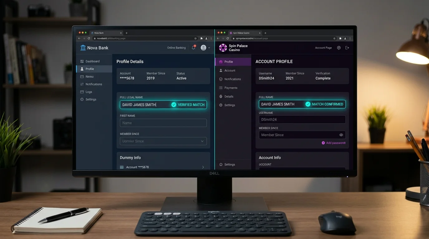 Side-by-side comparison view of a banking profile name field and a casino account name field on a desktop monitor
