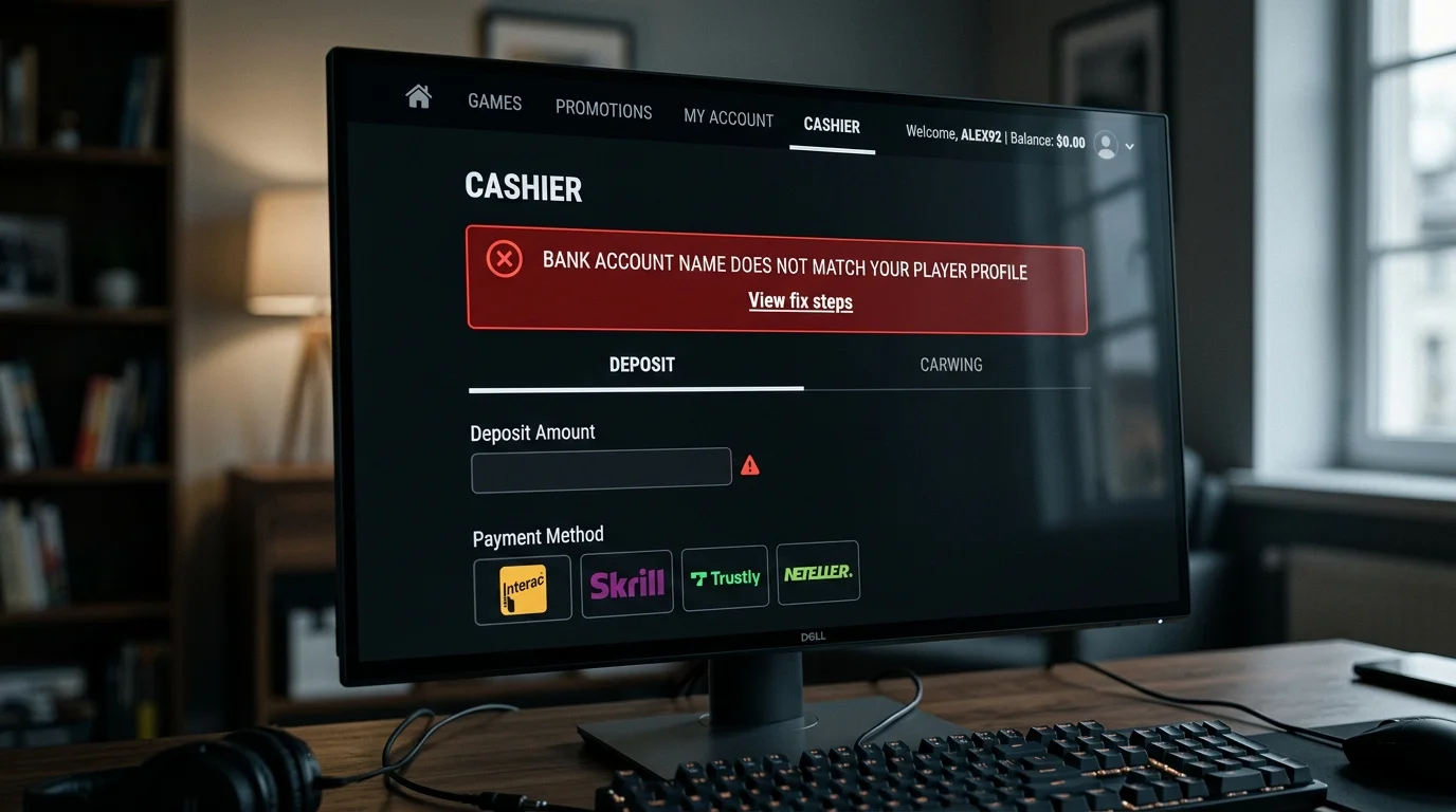 Decline banner on an online casino cashier explaining the bank account name does not match the player profile name